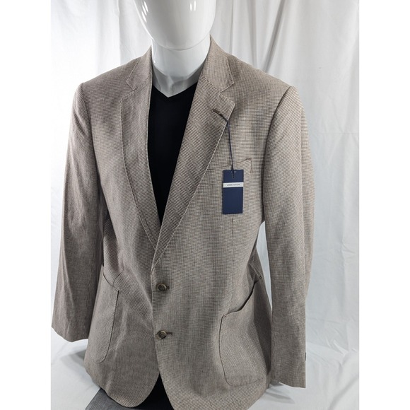 NWT Stafford Hopsack Blazer Sport Jacket Linen Cotton 42R Brown Houndstooth